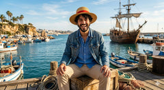 صورة واقعية (Lifestyle) لشاب يرتدي قبعة لوفي في الميناء بأسلوب عصري - إكسسوارات أنمي ون بيس أصلية للكوسبلاي والارتداء اليومي
